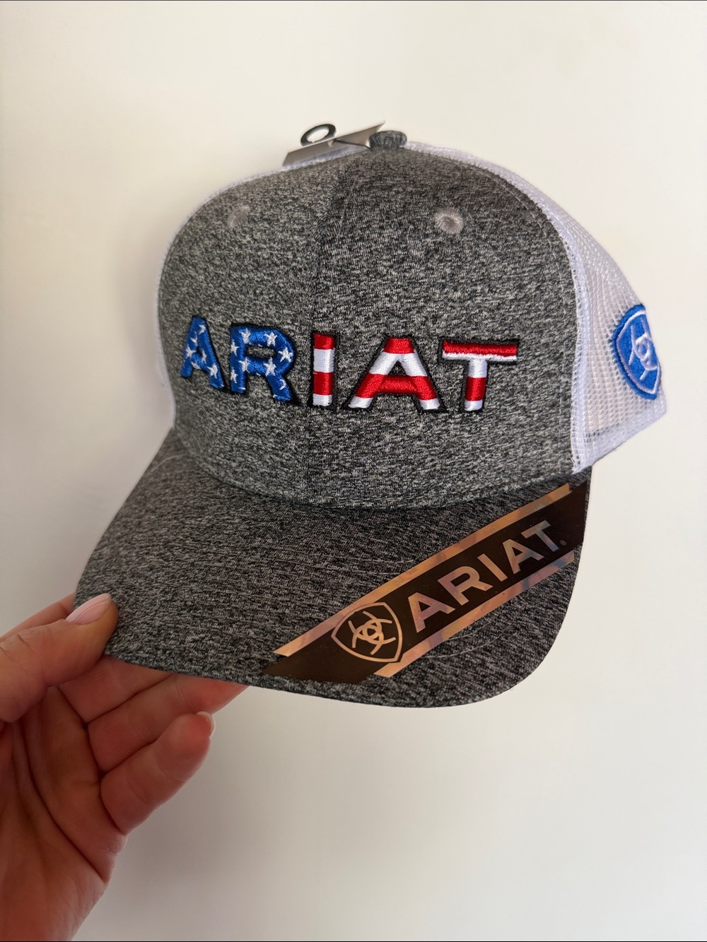 Ariat Grey and White Mesh Cap with Flag Lettering